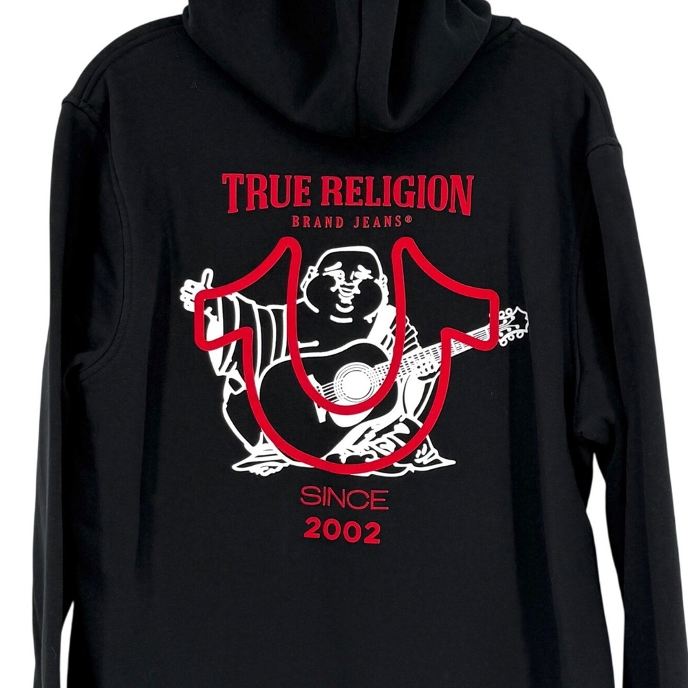 True Religion Flocked Horseshoe Zip Hoodie Black Red Contrast Logo Graphic L‎